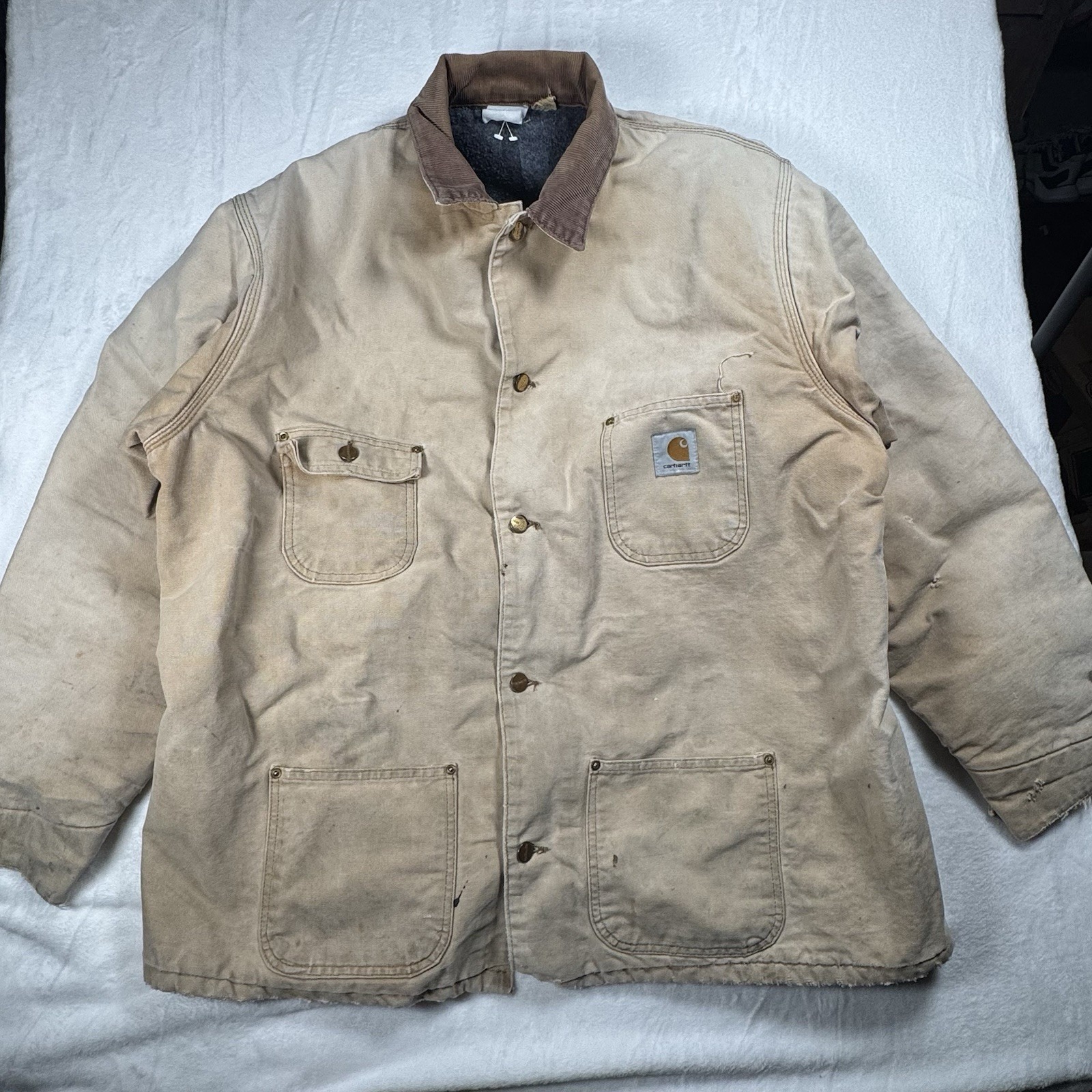 Vintage Carhartt Jacket Chore Coat Beige Size Xl Blanket Lined Distressed Vtg